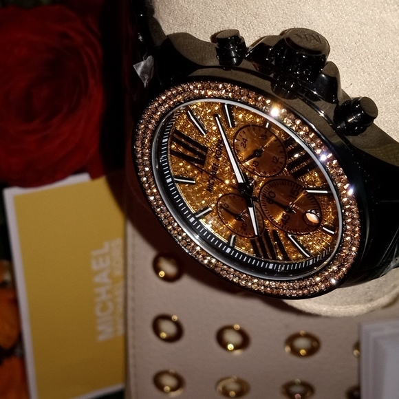 FABULOUS MICHAEL KORS ROSEGOLD SUPER BLING & GUN METAL LARGE WATCH W MK WRISTLET - Picture 3 of 7